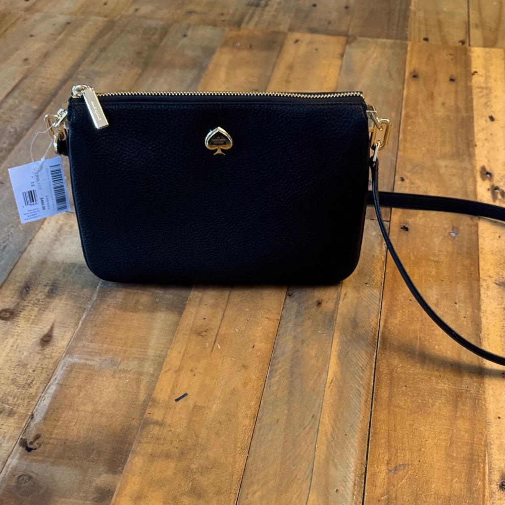 New kate spade Kayla small black Pebbled Leather Double-Zip Crossbody Gold NWT